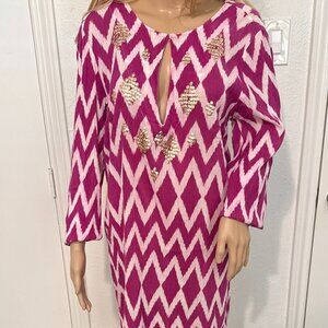 Echo Beach Cover Up or Summer Dress sequin accents v neck sz L pink & white